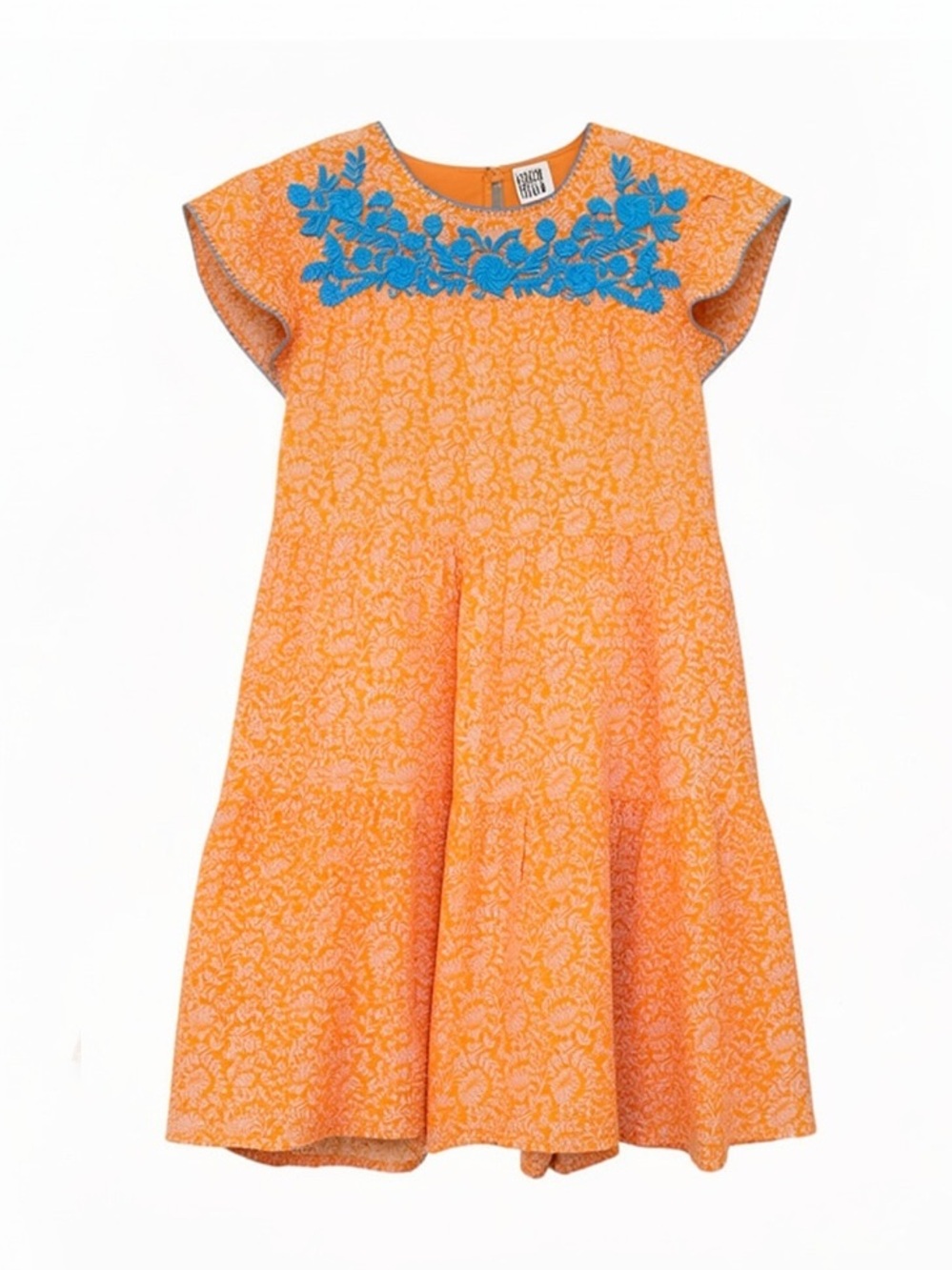 Sister Mary Orange Tiered Blue Embroidery Flutter Sleeve Dress Size Small
